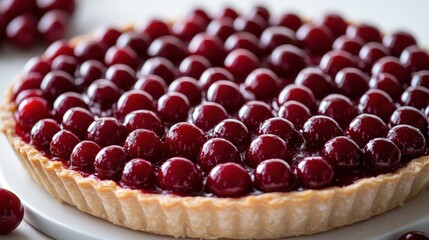 Close-up view of delicious sour cherry pie on white plate with copy space