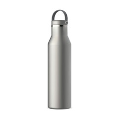 Stainless steel thermo bottle. Metal water Travel thermos mockup. thermo flask for hot tea. Realistic reusable thermal container template design. Outdoor camping vacuum can