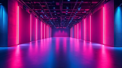 Close up Illuminated stage with scenic lights and smoke. Blue purple spotlight with smoke volume light effect on dark background. Realistic modern 3d empty minimal scene mockup design