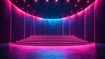 Close up Illuminated stage with scenic lights and smoke. Blue purple spotlight with smoke volume light effect on dark background. Realistic modern 3d empty minimal scene mockup design