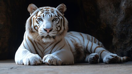 Obraz premium Resting White Tiger Portrait in Dark Cave Relaxed Big Cat