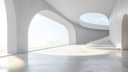 Bright and airy modern interior featuring white arches and flowing staircases illuminated by natural light