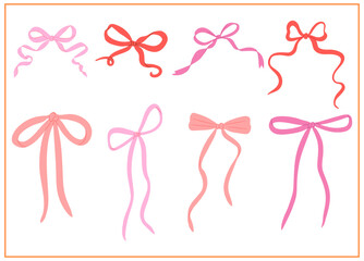 Coquette pink and red ribbon bows clipart set. Hand drawn icon Isolated trendy aesthetic drawing elements. Vector illustration.