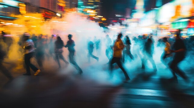 Chaotic urban street scene with blurred figures running amidst smoke and debris, capturing intensity and movement in a dynamic urban environment.