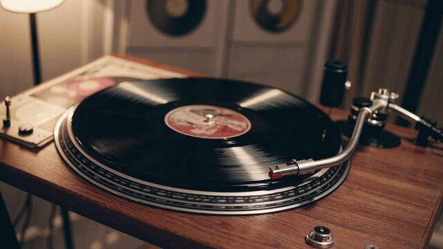 Vintage turntable playing a vinyl record, captured from a low-angle. The warm, nostalgic setting evokes a retro video vibe.