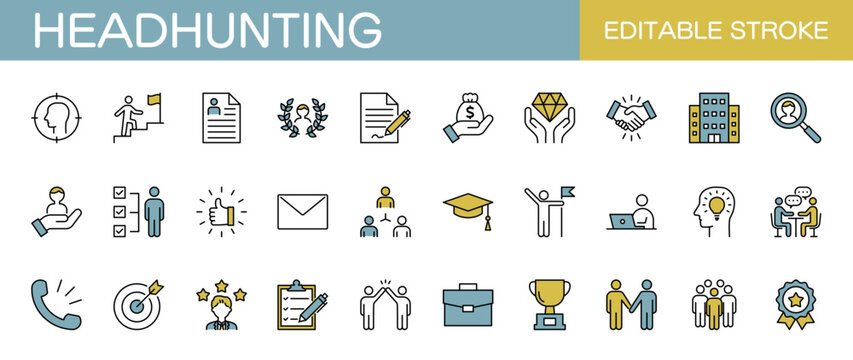 ヘッドハンティングや人材募集、採用に関するアイコンセット　編集可能　カラー