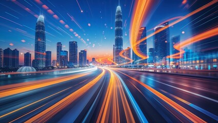 Fototapeta premium Experience the vibrant energy of a modern city at night with dynamic light trails weaving through the architecture.