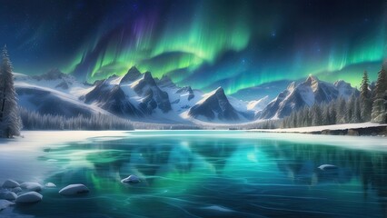 Naklejka premium Northern Lights Over Frozen Mountain Lake