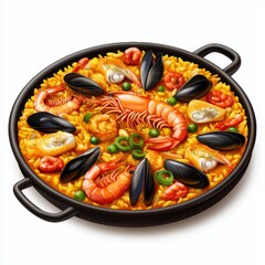 Spanish Paella with seafood, isolated on white
