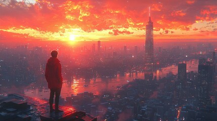 Fototapeta premium Solitary Figure at Sunset: A lone figure stands silhouetted against a breathtaking sunset over a sprawling cityscape, a dramatic scene that evokes contemplation and wonder.
