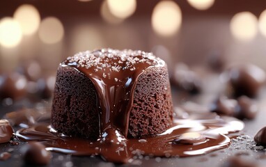 Chocolate lava cake with molten center oozing, placed against a softly blurred elegant dessert table