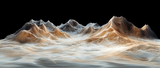 Stunning abstract mountain landscape with fog and dramatic peaks.