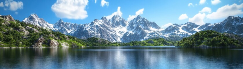 Stunning mountain range reflects on serene lake under a clear blue sky.