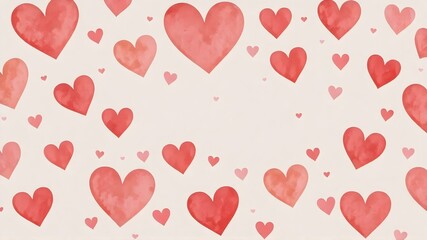 Scattered Hearts: A gentle shower of watercolor hearts, in varying sizes and shades of red, creates a romantic and whimsical background perfect for Valentine's Day, wedding invitations.