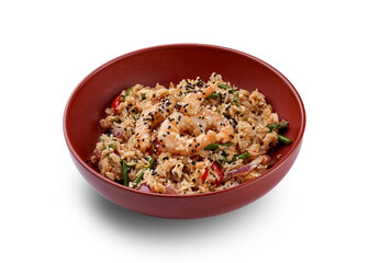 A vibrant and flavorful plate of fried rice with shrimp, topped with sesame seeds and green onions.