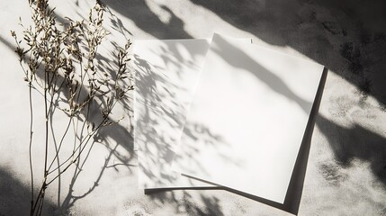 Blank paper cards with dried flowers and shadows