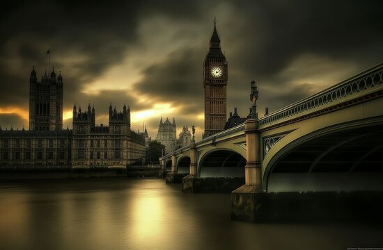London Houses of Parliament, Big Ben, River Thames, Dramatic Sunset