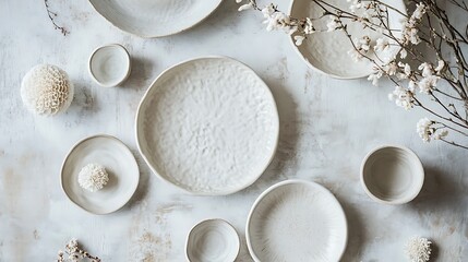 A collection of white crockery plates on a surface