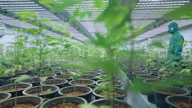 Candid through a young green planted pot, an expertise employees working in laboratory cannabis field. Scientist monitoring humidity and insects control of a young healthy plants. Alternative Medical 