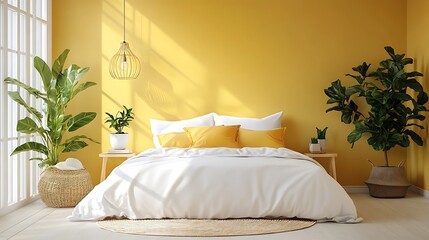 A contemporary bedrooms with a soft lemon color palette minimalistic construction straight lines and a clutter free layout