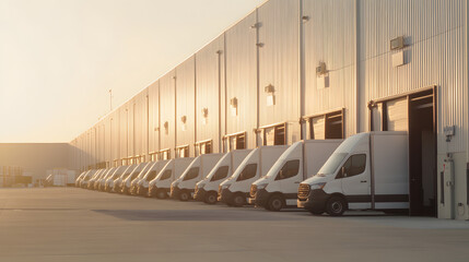Obraz premium A row of branded delivery vans parked outside a large fulfillment center, each being loaded with freshly packed e-commerce parcels. Workers use handheld scanners to verify shipments, while digital