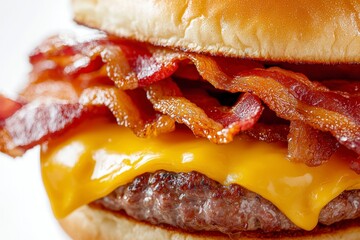 Close-up of delicious cheeseburger with crispy bacon and melted cheese on a toasted bun