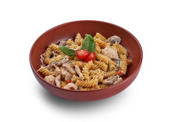 A vibrant and appetizing plate of creamy pasta with grilled chicken and mushrooms, topped with fresh basil and cherry tomatoes