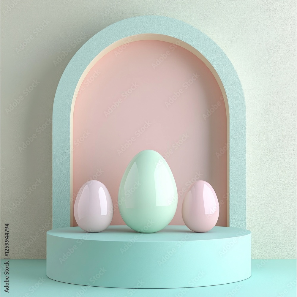 Poster soft pastel-colored eggs are artfully arranged on a minimalist podium, creating a tranquil atmospher