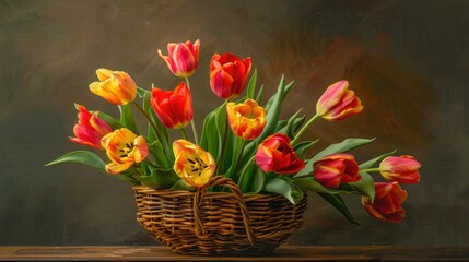 Obraz premium Colorful bouquet of tulips in a basket on the table in the room. A gift for women's day or birthday.