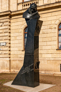 Budapest, Hungary - 12 Feb, 2024. Bust statue of Zoltan Bay, Hungarian physicist, Budapest. Modern art in a historical context. Architecture, cityscape, landmark