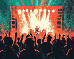 Dynamic Concert Illustration with Vibrant Colors and Enthusiastic Crowd Celebrating Live Music Nightlife