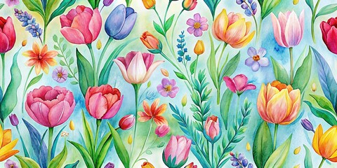 Aerial View Delicate Spring Garden Watercolor Brushstrokes - Stock Photo