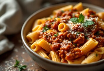 Rigatoni Bolognese Topped with Parmesan and Parsley in a Bowl