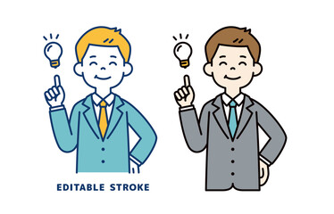 いいアイデアが思い付いた、若いビジネスマンのベクターイラスト素材＿線幅の編集可能
