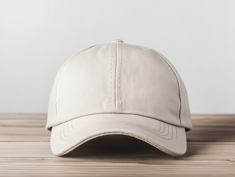 High-quality close-up of an unprinted basecap on a wooden table for professional use.