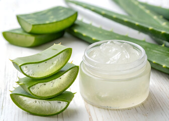 A fresh aloe vera leaf cut in half with juicy clear pulp next to a jar of natural gel.