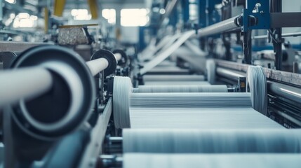 Fototapeta premium Textile factory with weaving machines and fabric rolls. Featuring textile manufacturing. Highlighting industrial production and material quality. Ideal for textile industry visuals.