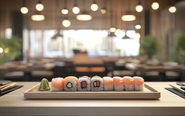 Fresh sushi platter with nigiri and rolls, hovering over a softly blurred Japanese restaurant interior