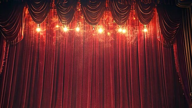 Crimson Stage: Sumptuous red velvet curtains, artfully draped, create a captivating theatrical backdrop, illuminated by warm spotlights, evoking anticipation for a captivating performance.