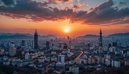 Obraz premium Stunning Aerial View of Kuala Lumpur Cityscape at Sunset with Dramatic Clouds and Skyscrapers