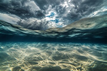 Fototapeta premium Underwater view of sandy bottom, stormy clouds above