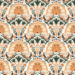 Vector seamless ancient Egyptian pattern with stylized lotus flowers, sacred symbols, and decorative elements. Luxurious heritage design inspired by traditional Egyptian art and mythology.