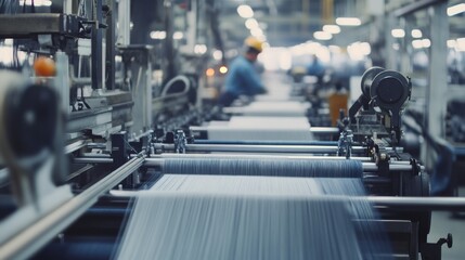Textile factory. Workers operating weaving machines. Highlighting textile manufacturing and machinery. Ideal for fashion industry reports.