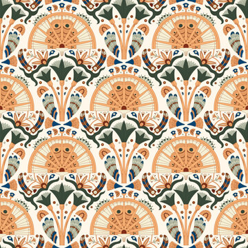 Vector seamless ancient Egyptian pattern with stylized lotus flowers, sacred symbols, and decorative elements. Luxurious heritage design inspired by traditional Egyptian art and mythology.