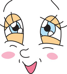 touching face with half-closed shiny big blue eyes with eyelashes and open smiling mouth with pink cheeks