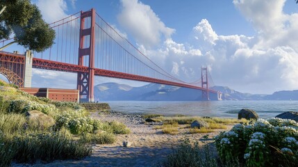 Golden Gate Bridge, San Francisco Bay, sunny day, coastal vegetation. Travel poster