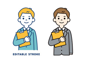 腕にファイルを抱えた、若いビジネスマンのベクターイラスト素材＿線幅の編集可能