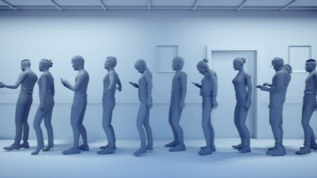 People are waiting in a long queue, 3D animation