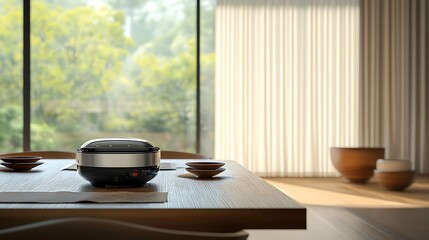 A dining room with an electronic rice cooker against a background