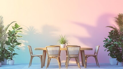 A dining table with wooden chairs set on the terrace isolated on a colorful background